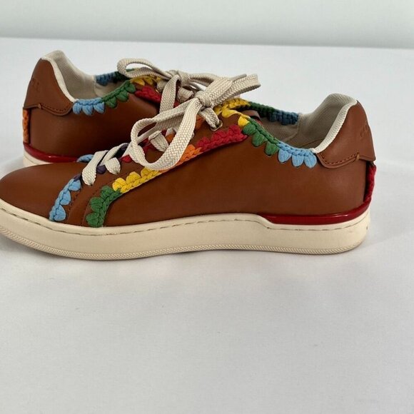 Coach Lowline Low Top Sneaker Size 6 With Rainbow Crochet Brown Leather - Picture 6 of 15